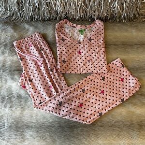 VERA BRADLEY Pink Blush Heart XS Stretch Knit T-Shirt Long Pajamas 2pc Set Trees